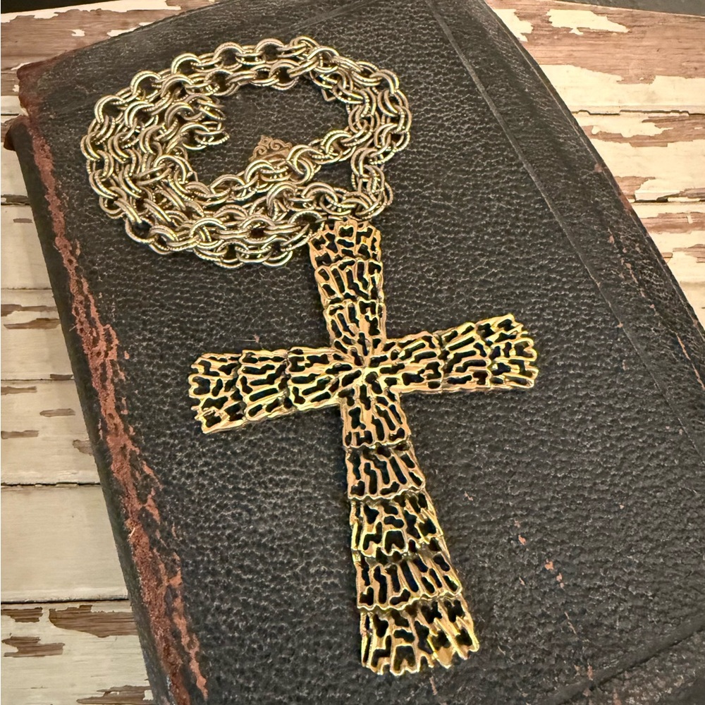 Vintage Tortolani Cross Necklace Pendant Signed Brutalist 60s 70s
